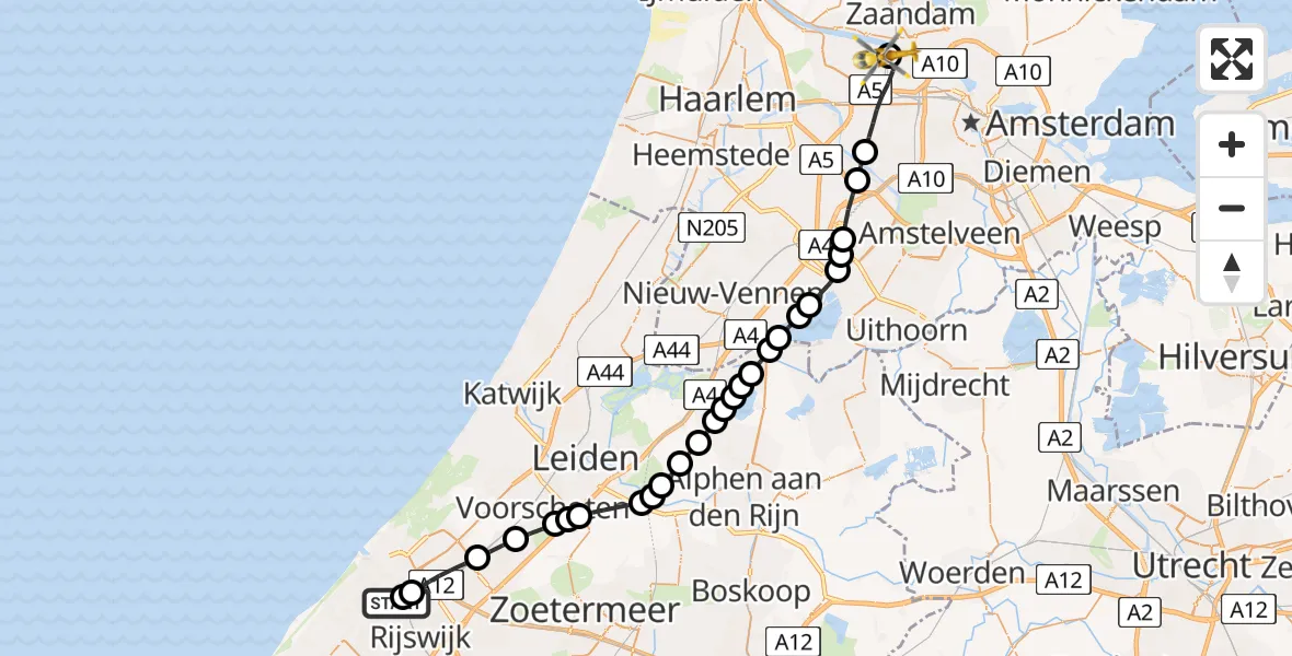 Vluchtroute Traumahelikopter 's-Gravenhage - Amsterdam Heliport, 24 juni 2026, 13:55