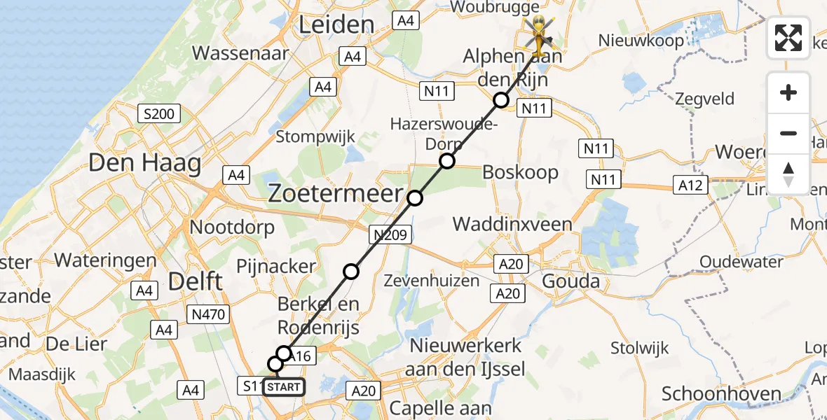 Vluchtroute Traumahelikopter Rotterdam The Hague Airport - Alphen aan den Rijn, 24 juni 2026, 14:50
