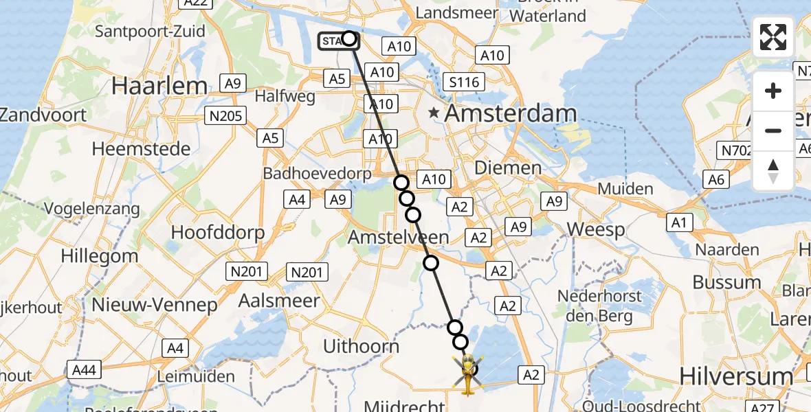 Vluchtroute Traumahelikopter Amsterdam Heliport - Vinkeveen, 24 juni 2026, 16:21