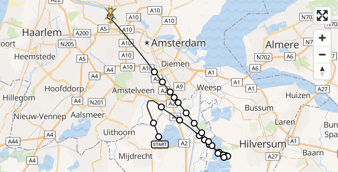 Vluchtroute Traumahelikopter Vinkeveen - Amsterdam Heliport, 24 juni 2026, 16:48
