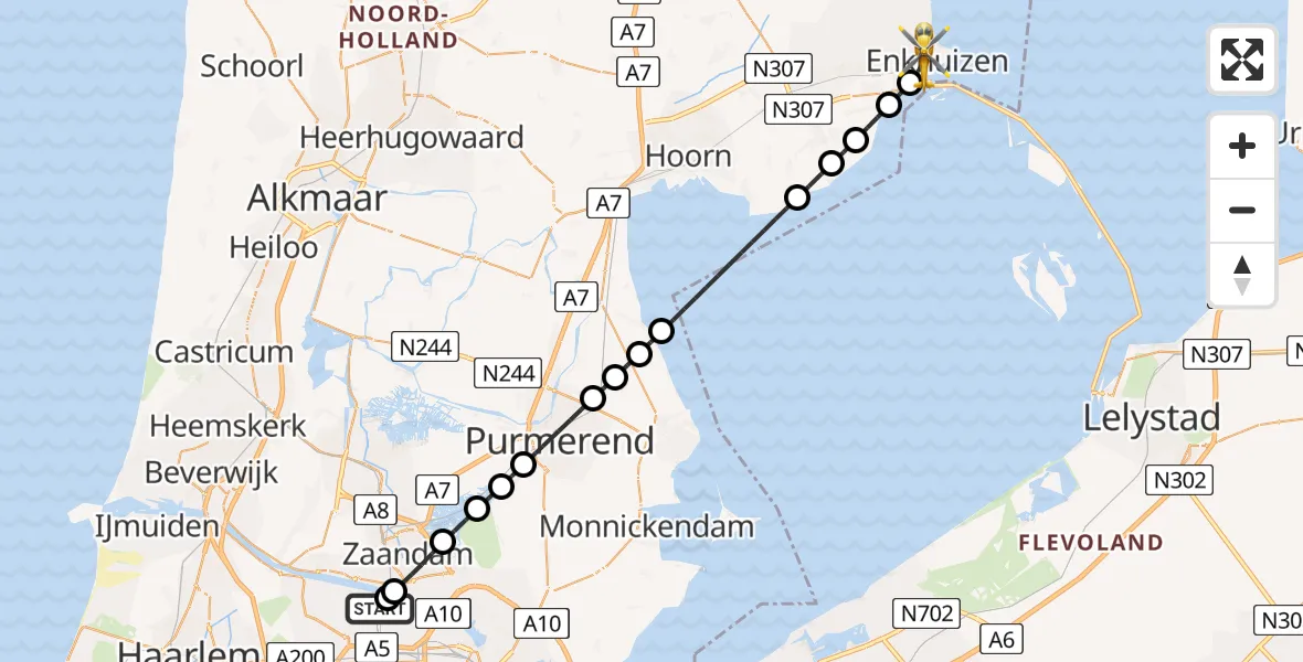 Vluchtroute Traumahelikopter Amsterdam Heliport - Enkhuizen, 24 juni 2026, 18:08