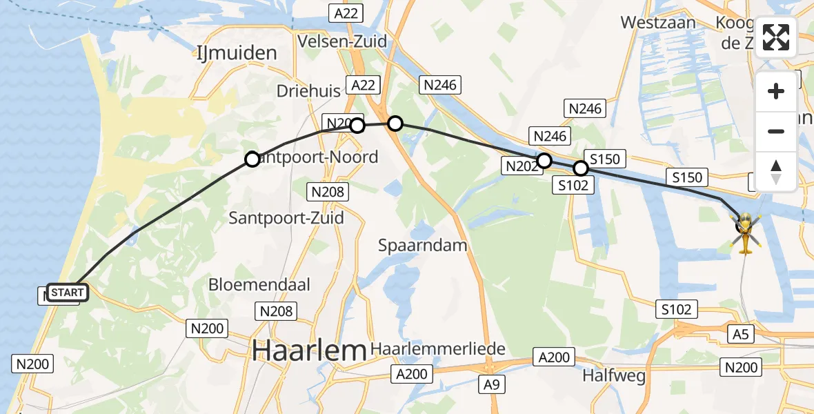 Vluchtroute Traumahelikopter Overveen - Amsterdam Heliport, 24 juni 2026, 19:25