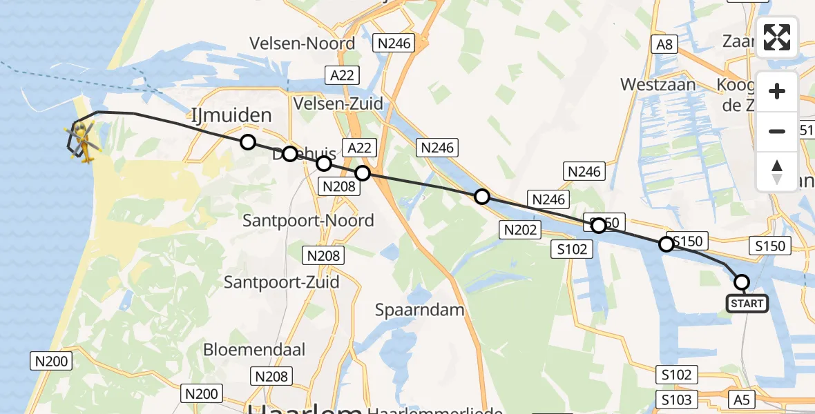 Vluchtroute Traumahelikopter Amsterdam Heliport - IJmuiden, 24 juni 2026, 20:18