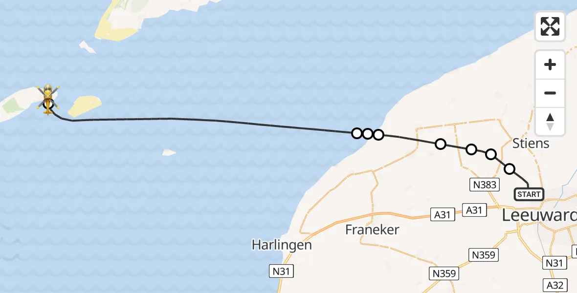 Vluchtroute Ambulancehelikopter Vliegbasis Leeuwarden - Vlieland Heliport, 24 juni 2026, 20:23