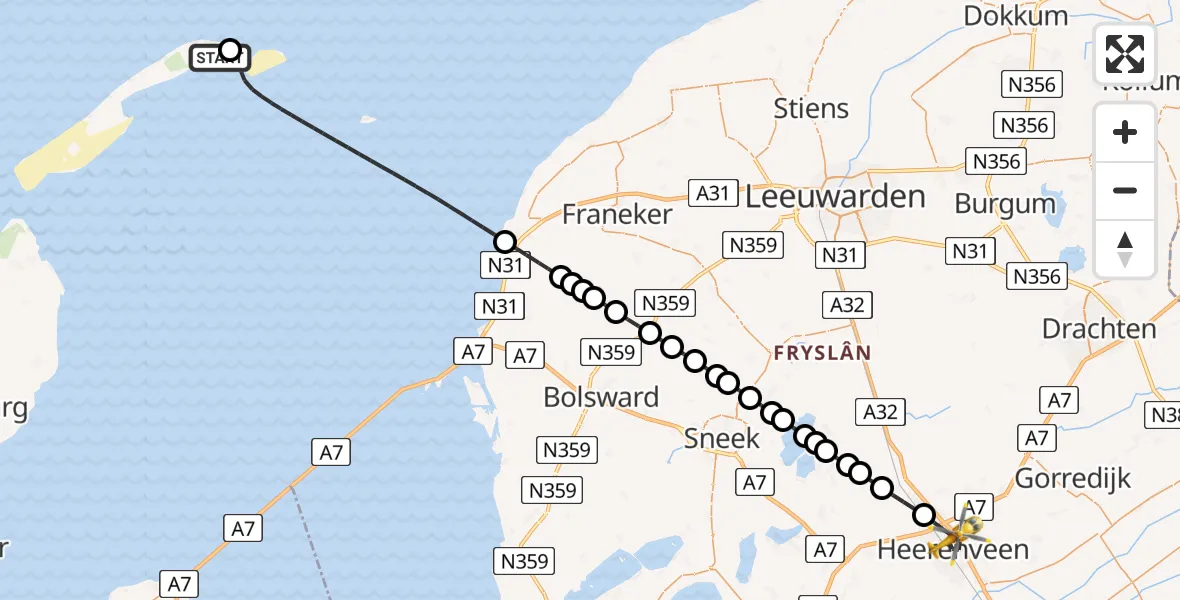 Vluchtroute Ambulancehelikopter Vlieland Heliport - Heerenveen, 24 juni 2026, 20:51