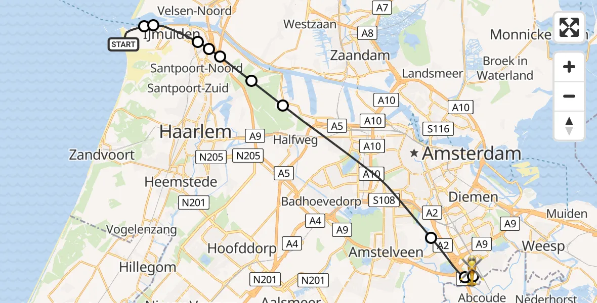 Vluchtroute Traumahelikopter IJmuiden - Amsterdam UMC Helipad, 24 juni 2026, 20:59