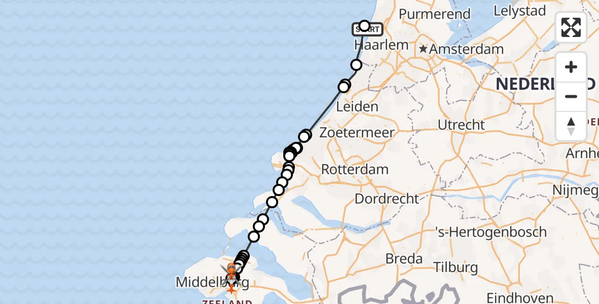 Vluchtroute Kustwachthelikopter IJmuiden - Vliegveld Midden-Zeeland, 24 juni 2026, 21:11