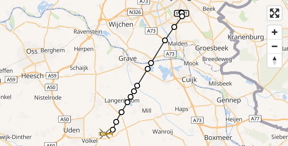 Vluchtroute Traumahelikopter Radboud Universitair Medisch Centrum - Vliegbasis Volkel, 24 juni 2026, 21:19