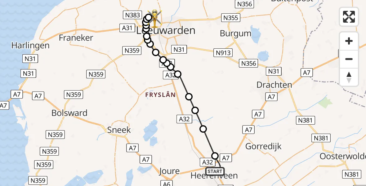 Vluchtroute Ambulancehelikopter Heerenveen - Vliegbasis Leeuwarden, 24 juni 2026, 21:27