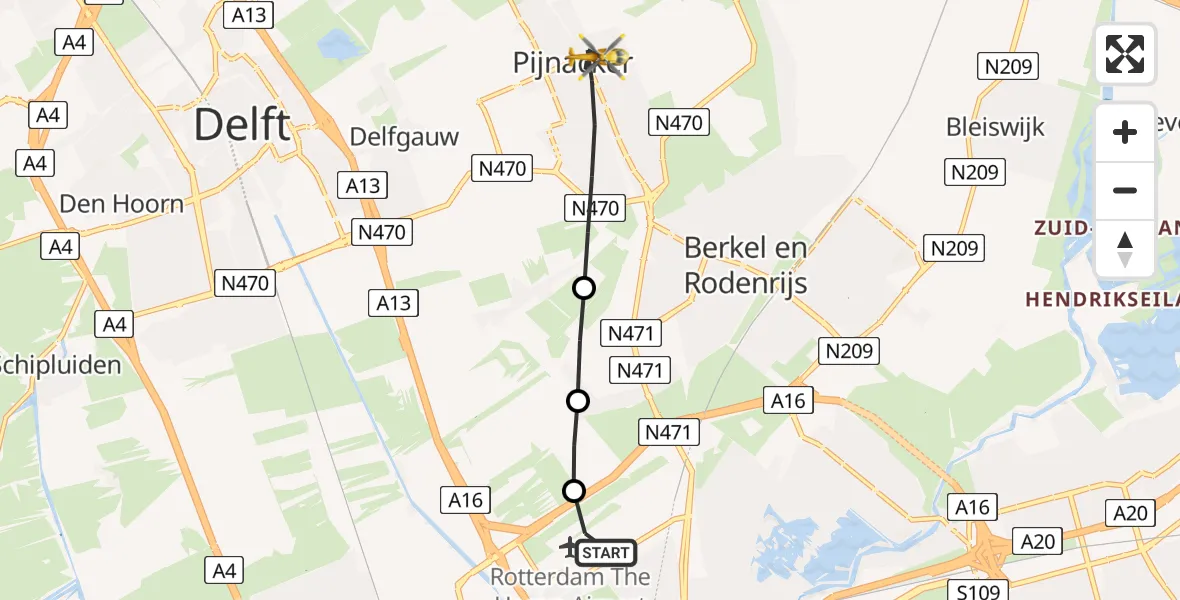 Vluchtroute Traumahelikopter Rotterdam The Hague Airport - Pijnacker, 25 juni 2026, 07:42