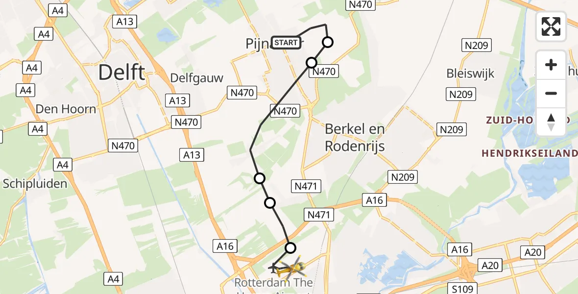 Vluchtroute Traumahelikopter Pijnacker - Rotterdam The Hague Airport, 25 juni 2026, 08:11