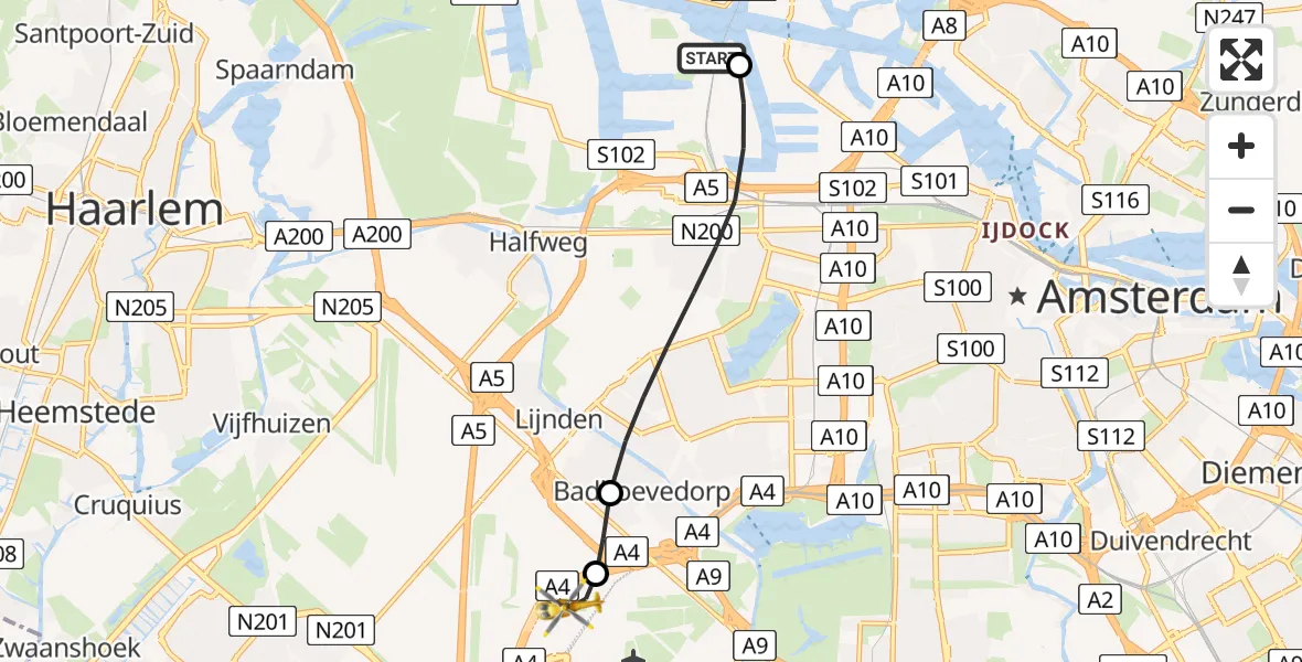 Vluchtroute Traumahelikopter Amsterdam Heliport - Amsterdam Vliegveld Schiphol, 25 juni 2026, 08:18