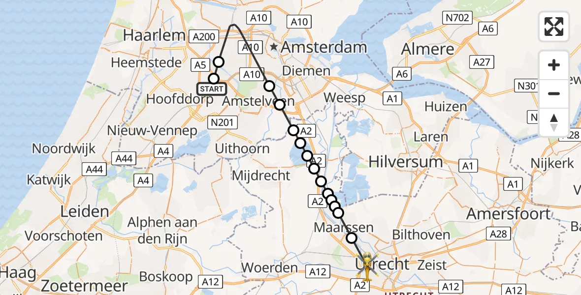 Vluchtroute Traumahelikopter Amsterdam Vliegveld Schiphol - Utrecht, 25 juni 2026, 08:55