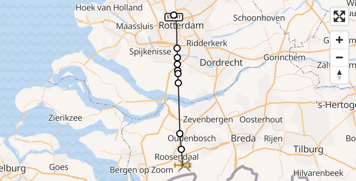 Vluchtroute Traumahelikopter Rotterdam The Hague Airport - Roosendaal, 25 juni 2026, 09:06