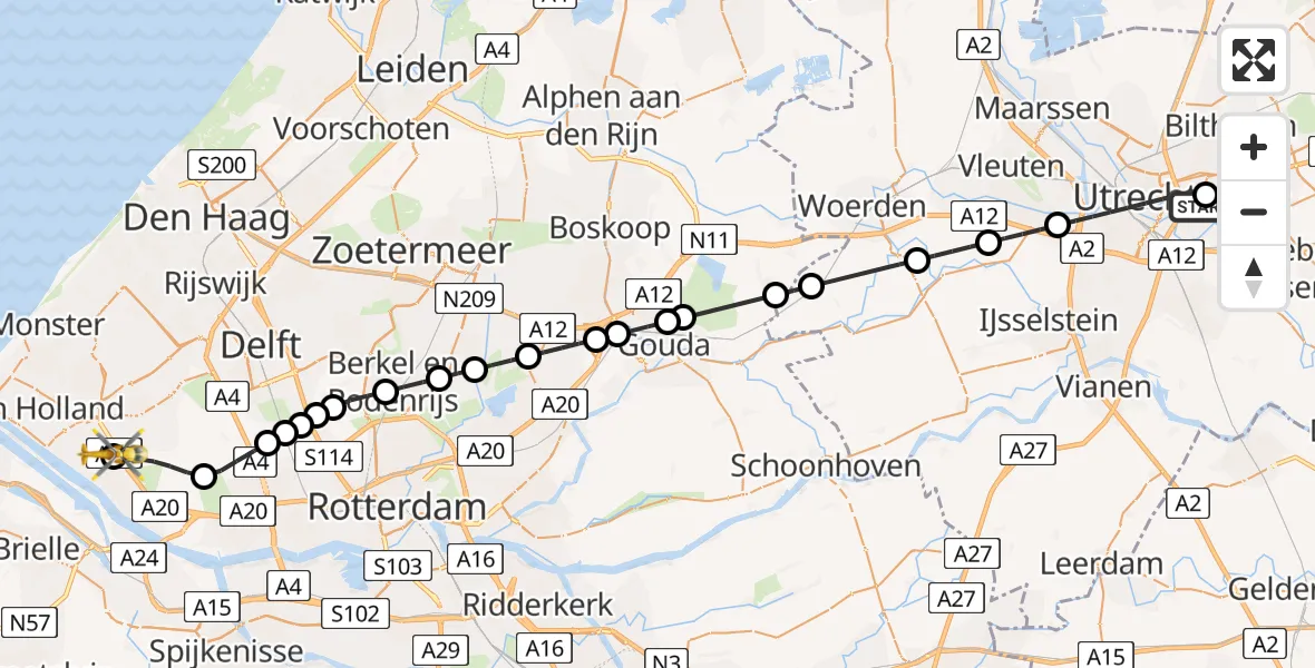 Vluchtroute Traumahelikopter Universitair Medisch Centrum Utrecht - Maasdijk, 25 juni 2026, 09:37