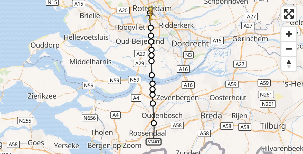 Vluchtroute Traumahelikopter Roosendaal - Erasmus MC, 25 juni 2026, 09:57