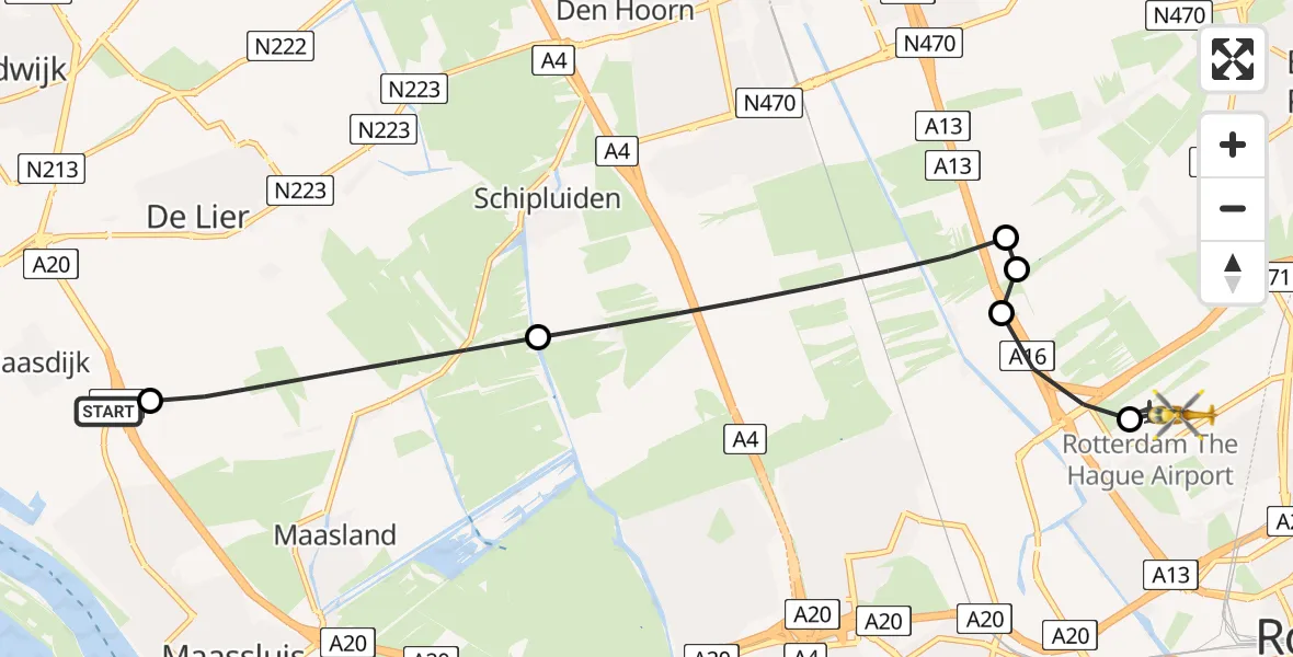 Vluchtroute Traumahelikopter Maasdijk - Rotterdam The Hague Airport, 25 juni 2026, 10:07