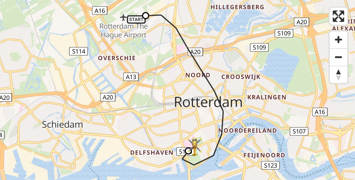 Vluchtroute Traumahelikopter Rotterdam The Hague Airport - Erasmus MC, 25 juni 2026, 10:32