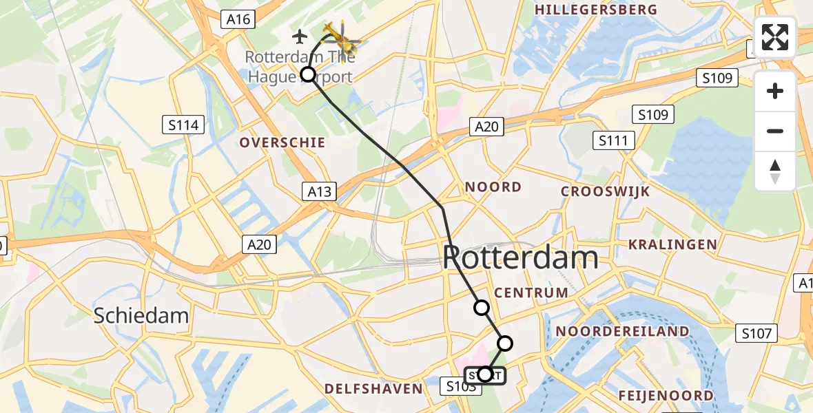 Vluchtroute Traumahelikopter Erasmus MC - Rotterdam The Hague Airport, 25 juni 2026, 10:34