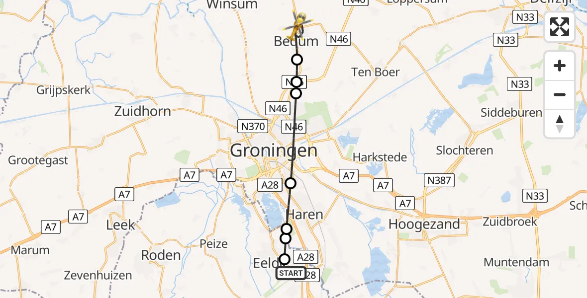 Vluchtroute Traumahelikopter Groningen Airport Eelde - Bedum, 25 juni 2026, 11:44