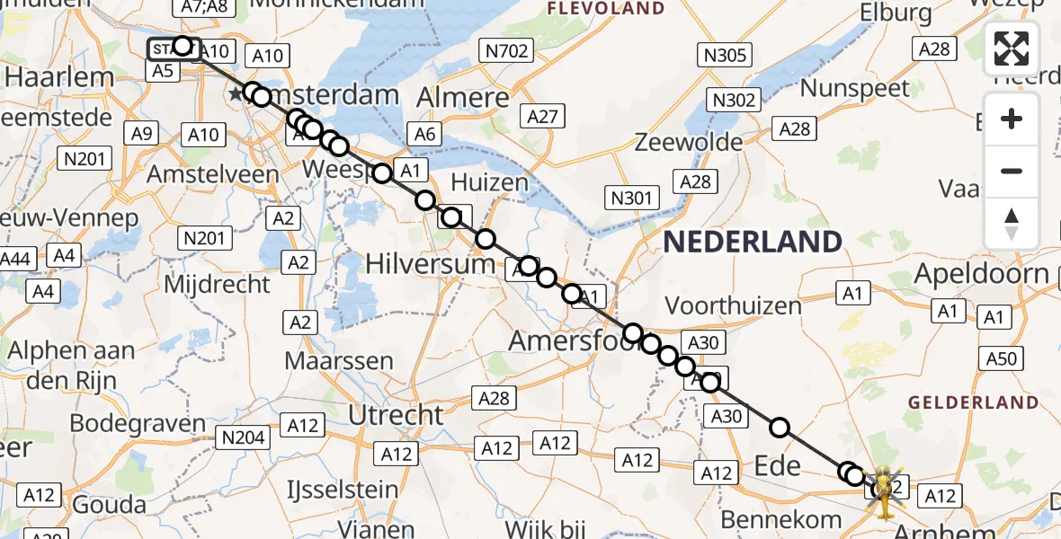 Vluchtroute Traumahelikopter Amsterdam Heliport - Arnhem, 25 juni 2026, 11:51