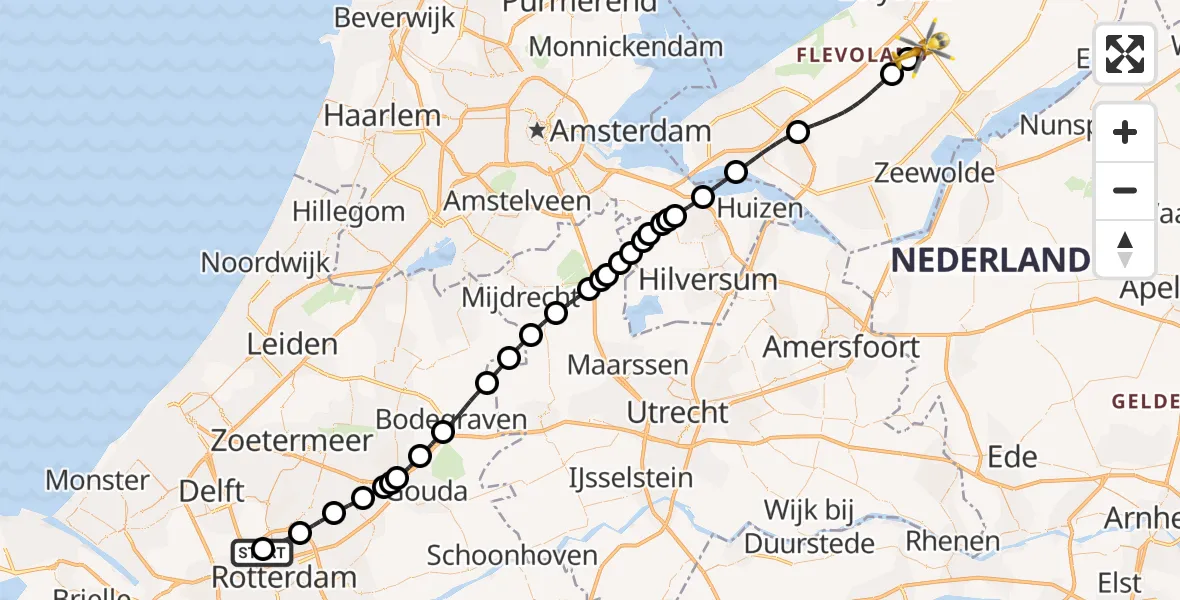 Vluchtroute Traumahelikopter Rotterdam The Hague Airport - Lelystad Airport, 25 juni 2026, 12:07