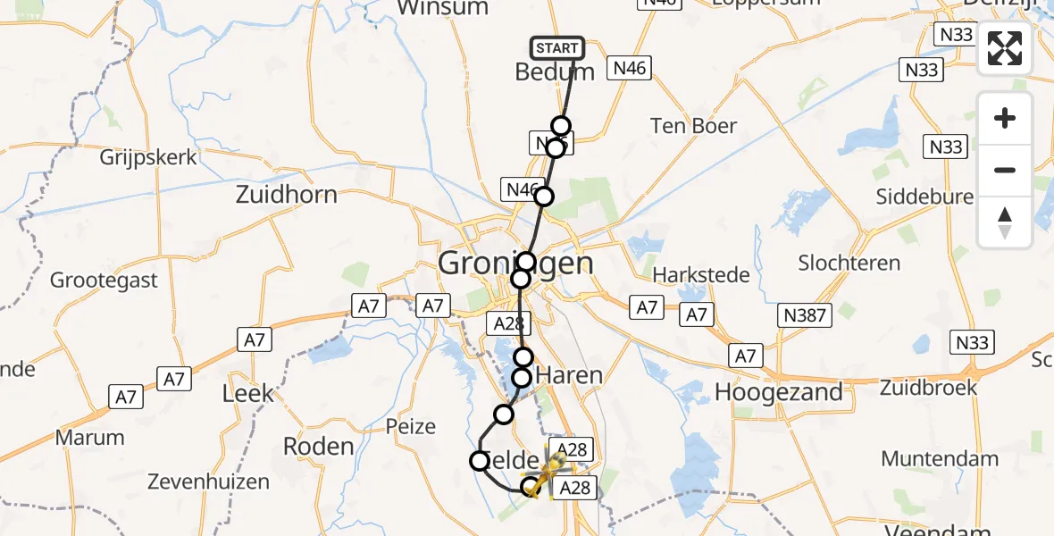 Vluchtroute Traumahelikopter Bedum - Groningen Airport Eelde, 25 juni 2026, 12:27