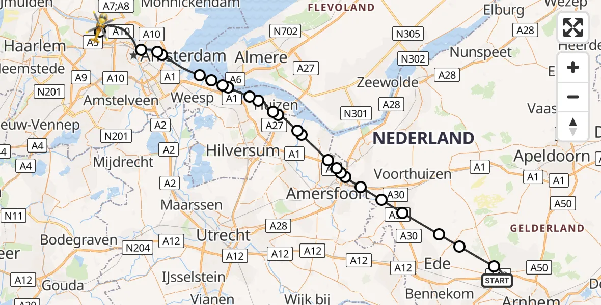 Vluchtroute Traumahelikopter Arnhem - Amsterdam Heliport, 25 juni 2026, 12:33