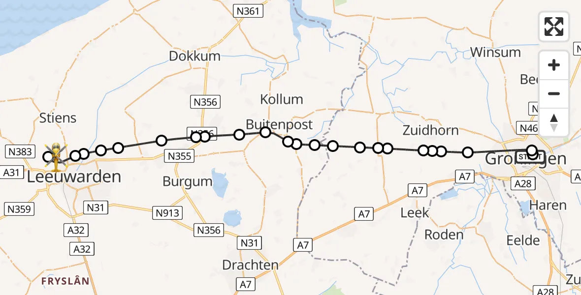 Vluchtroute Ambulancehelikopter Universitair Medisch Centrum Groningen - Vliegbasis Leeuwarden, 25 juni 2026, 12:51