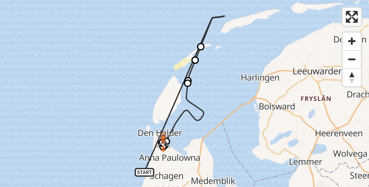 Vluchtroute Kustwachthelikopter Noordzee - Militair vliegveld De Kooy / Den Helder Airport, 25 juni 2026, 13:05