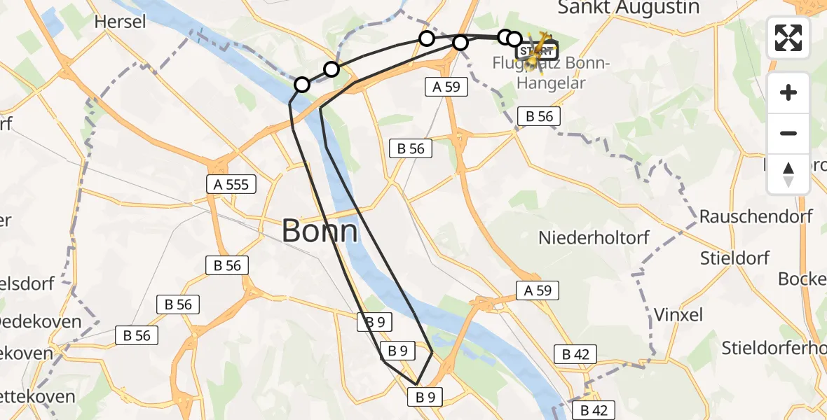 Vluchtroute Ambulancehelikopter Bonn-Hangelar Flugplatz - Bonn-Hangelar Flugplatz, 25 juni 2026, 13:34
