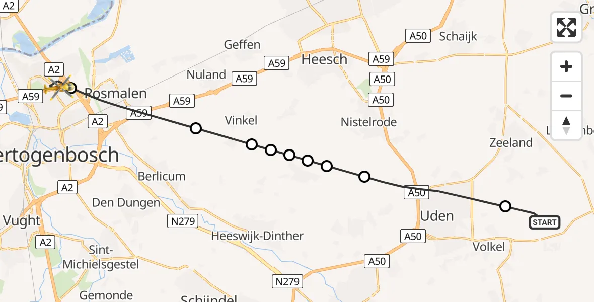 Vluchtroute Traumahelikopter Vliegbasis Volkel - 's-Hertogenbosch, 25 juni 2026, 14:30