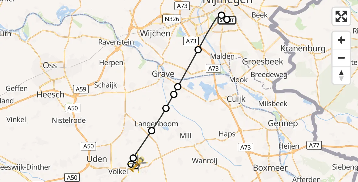 Vluchtroute Traumahelikopter Radboud Universitair Medisch Centrum - Vliegbasis Volkel, 25 juni 2026, 15:53