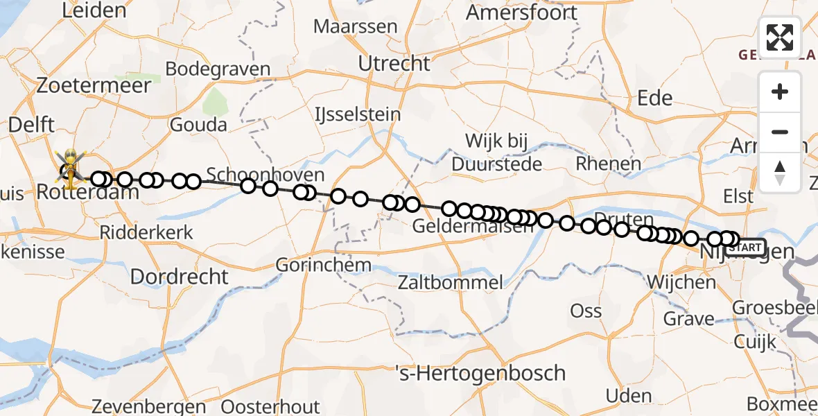 Vluchtroute Traumahelikopter Lent - Rotterdam The Hague Airport, 25 juni 2026, 16:05