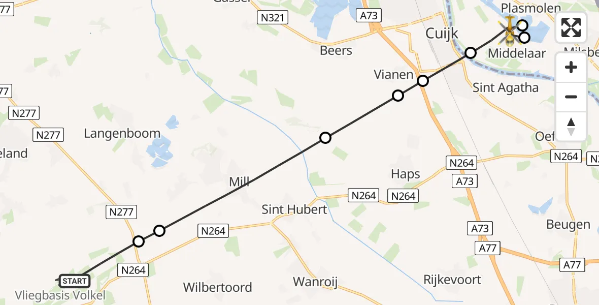 Vluchtroute Traumahelikopter Vliegbasis Volkel - Middelaar, 25 juni 2026, 17:09