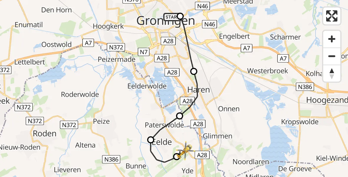 Vluchtroute Traumahelikopter Universitair Medisch Centrum Groningen - Groningen Airport Eelde, 25 juni 2026, 17:11
