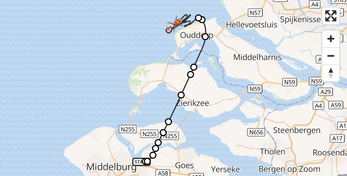 Vluchtroute Kustwachthelikopter Vliegveld Midden-Zeeland - Noordzee, 25 juni 2026, 17:15