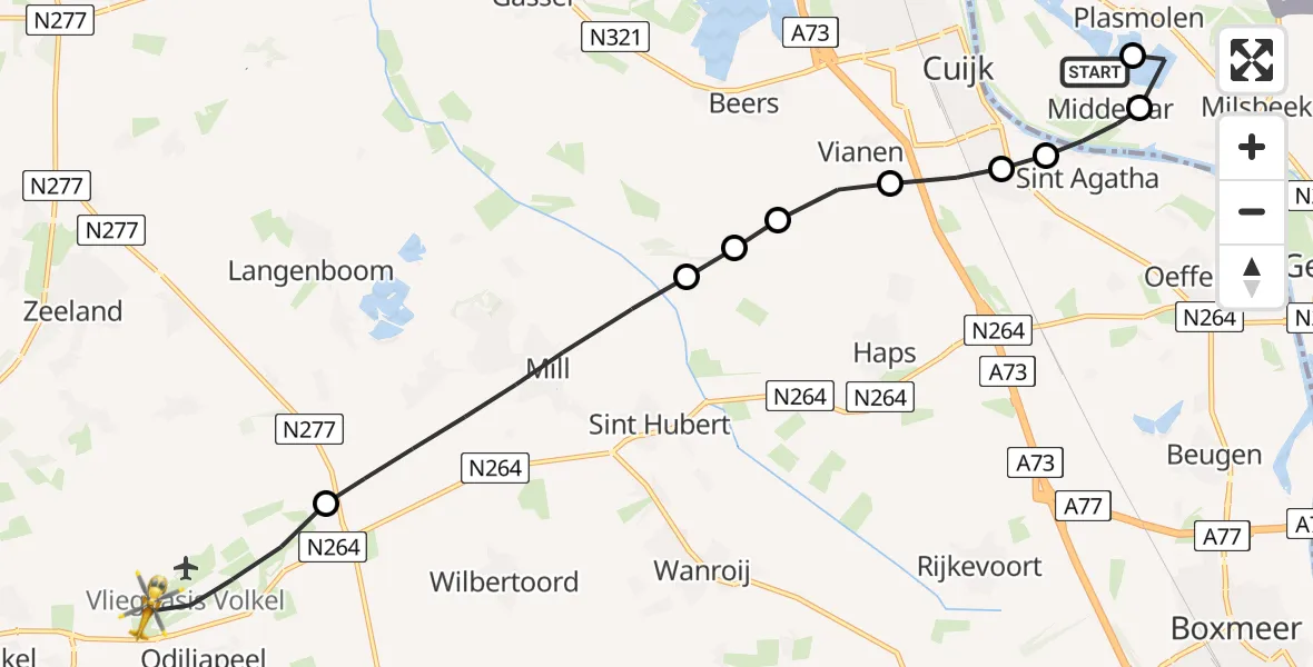 Vluchtroute Traumahelikopter Middelaar - Vliegbasis Volkel, 25 juni 2026, 17:40