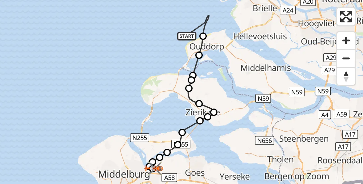 Vluchtroute Kustwachthelikopter Noordzee - Vliegveld Midden-Zeeland, 25 juni 2026, 18:29