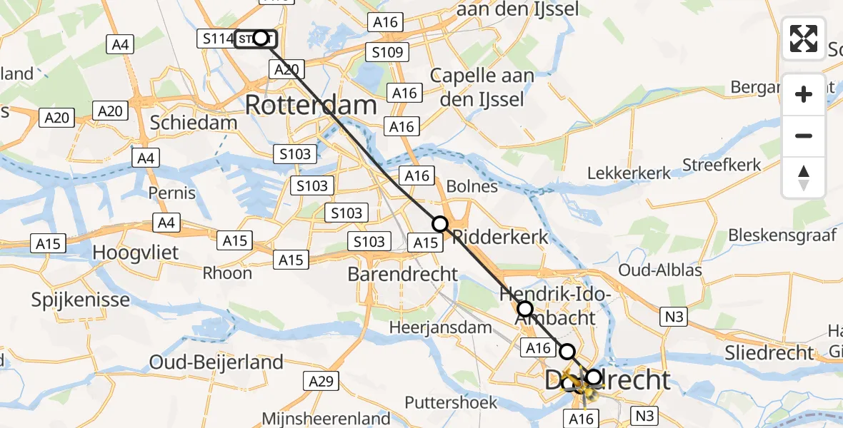Vluchtroute Traumahelikopter Rotterdam The Hague Airport - Dordrecht, 25 juni 2026, 19:04