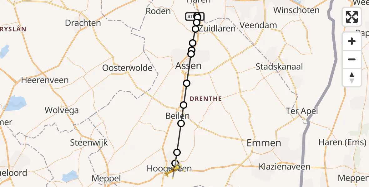 Vluchtroute Traumahelikopter Groningen Airport Eelde - Hoogeveen, 25 juni 2026, 19:47