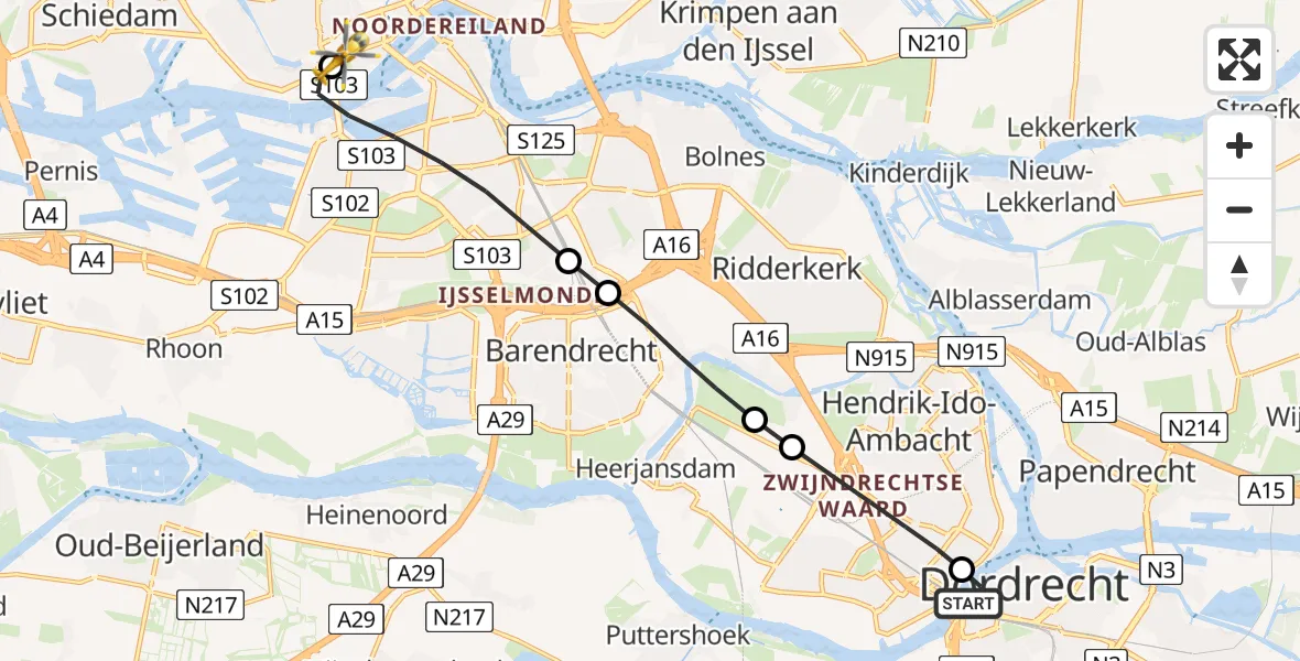 Vluchtroute Traumahelikopter Dordrecht - Erasmus MC, 25 juni 2026, 19:54