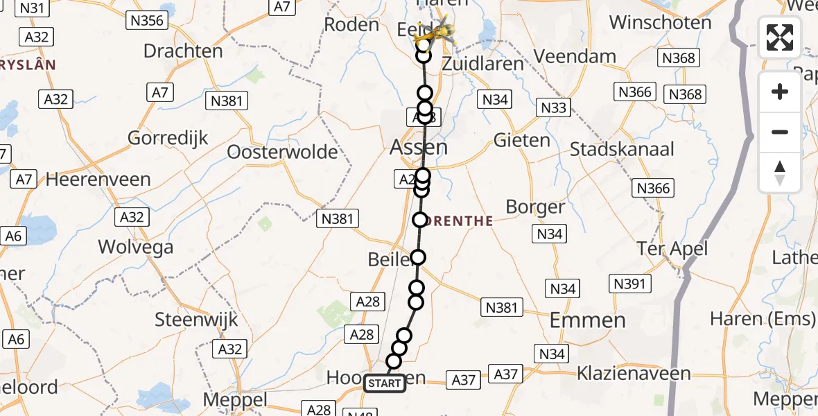 Vluchtroute Traumahelikopter Hoogeveen - Groningen Airport Eelde, 25 juni 2026, 20:11