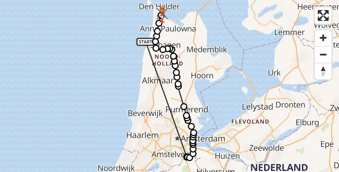 Vluchtroute Kustwachthelikopter Noordzee - Militair vliegveld De Kooy / Den Helder Airport, 25 juni 2026, 20:58