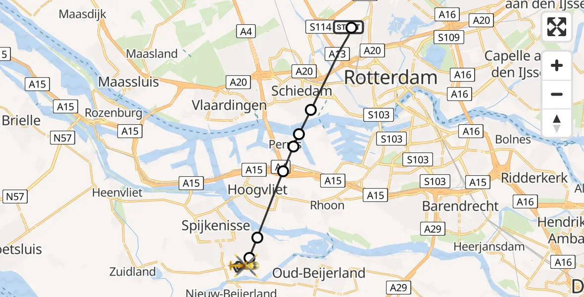 Vluchtroute Traumahelikopter Rotterdam The Hague Airport - Hekelingen, 25 juni 2026, 23:00
