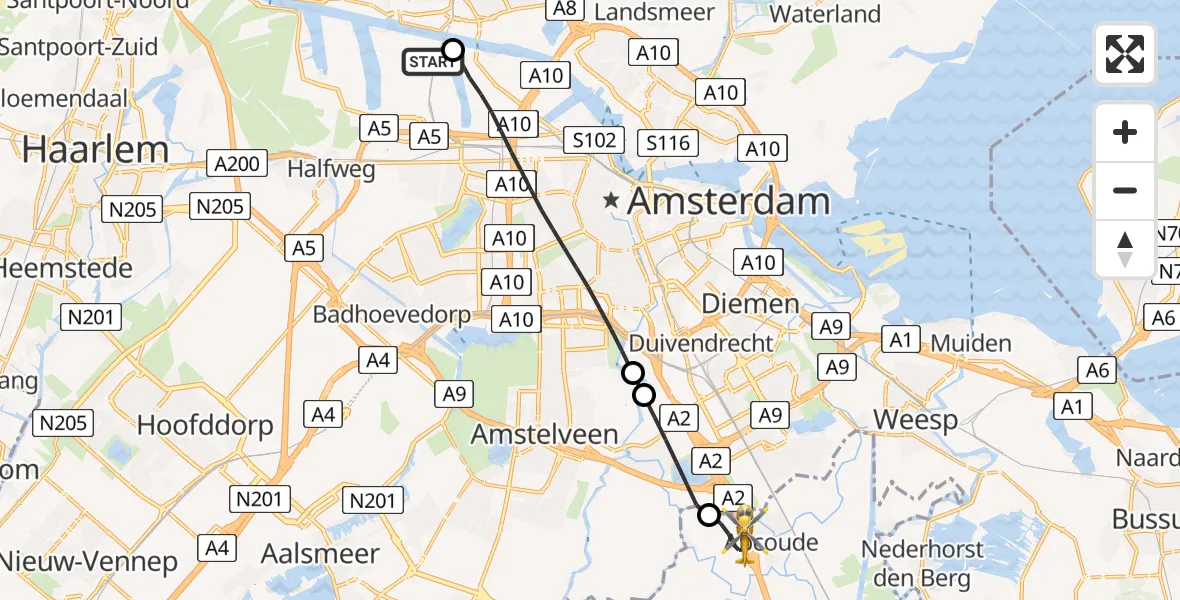 Vluchtroute Traumahelikopter Amsterdam Heliport - Abcoude, 26 juni 2026, 00:16