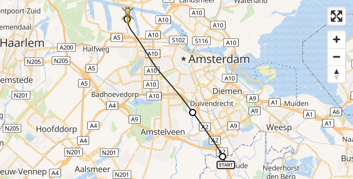 Vluchtroute Traumahelikopter Abcoude - Amsterdam Heliport, 26 juni 2026, 00:37