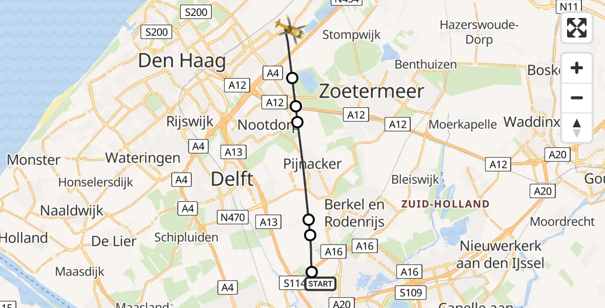 Vluchtroute Traumahelikopter Rotterdam The Hague Airport - Leidschendam, 26 juni 2026, 05:11