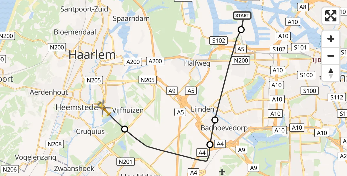 Vluchtroute Traumahelikopter Amsterdam Heliport - Haarlem, 26 juni 2026, 06:06