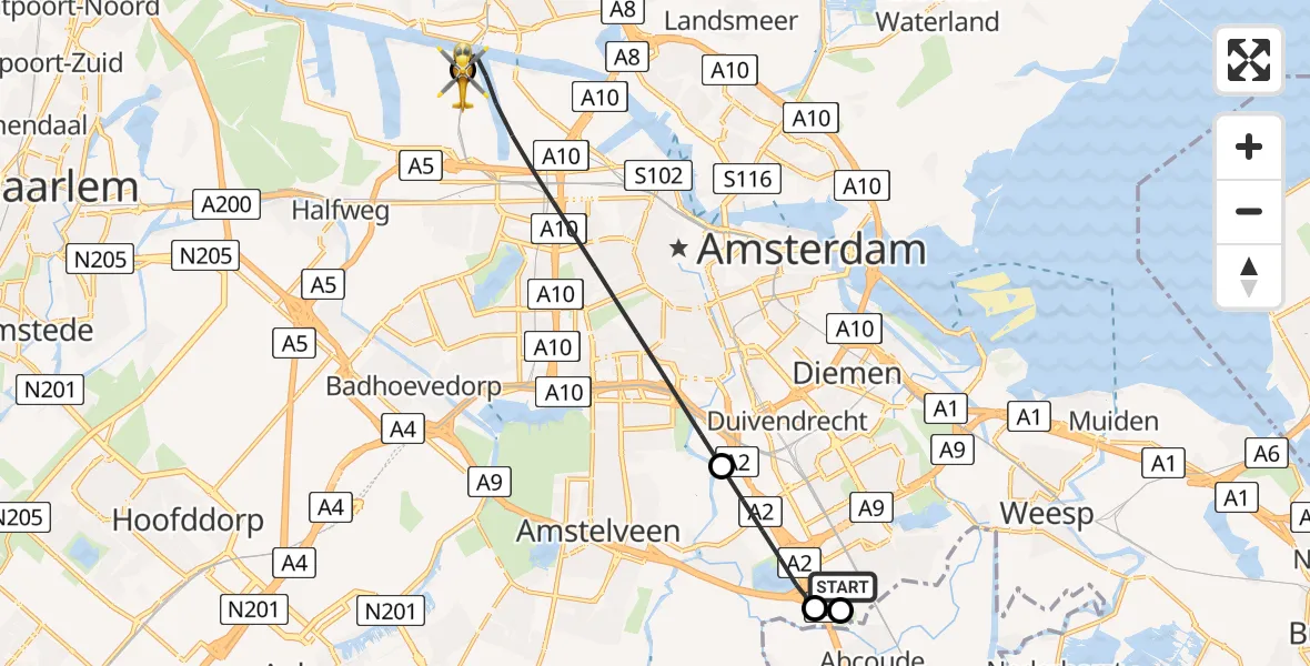 Vluchtroute Traumahelikopter Amsterdam UMC Helipad - Amsterdam Heliport, 26 juni 2026, 07:09